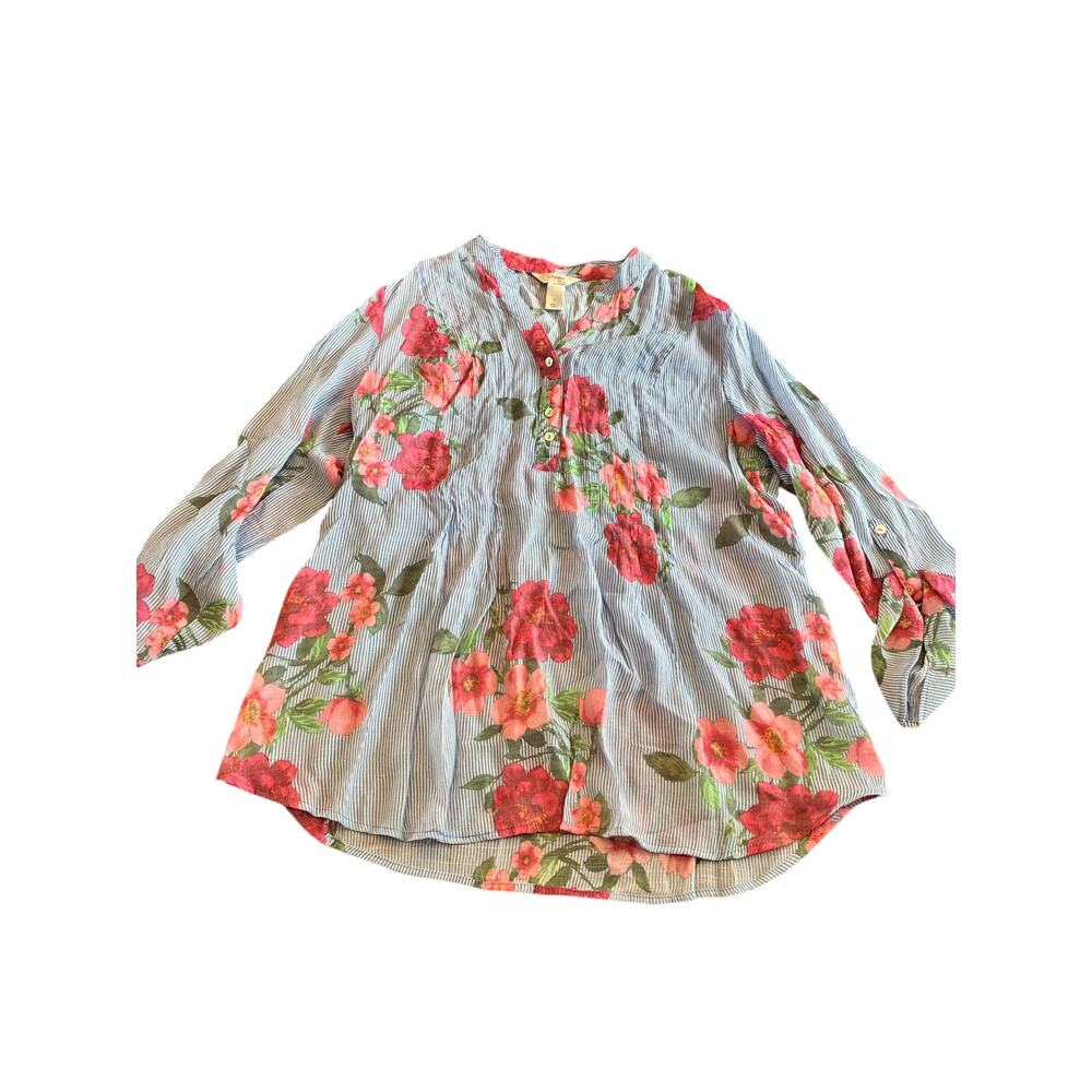 C J Banks floral roses boho top size X XL striped blue‎
